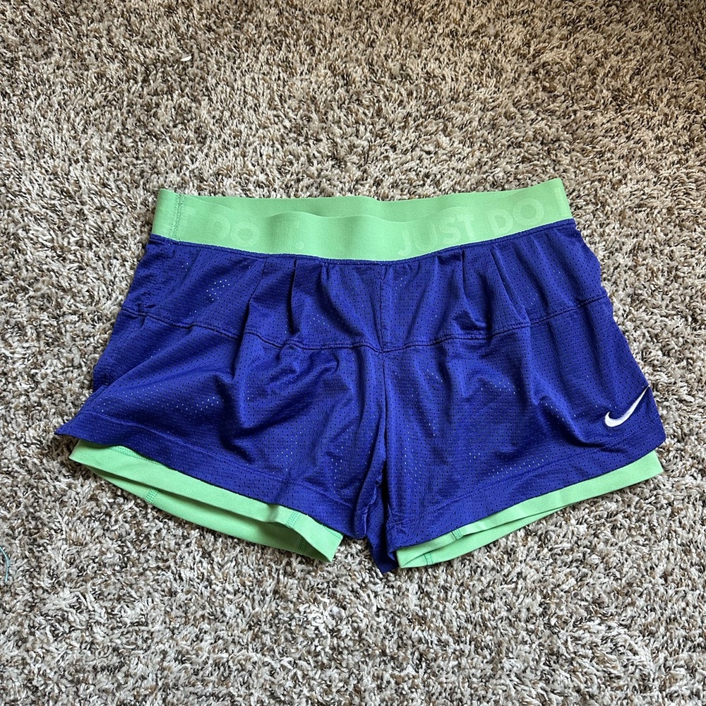 Nike Blue and Green Athletic Shorts with Elastic Waistband